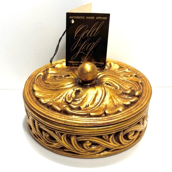 Rare Vtg Freeman & McFarlin Potteries Gold Round Covered Jewelry Trinket Box NEW - Picture 13 of 13